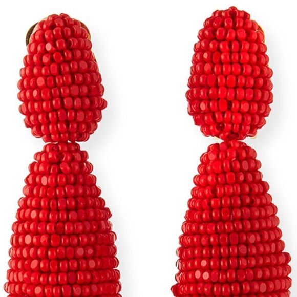 New Oscar De La Renta Red Long Beaded Tassel Earrings Clip On Chandelier Drop - Picture 9 of 9
